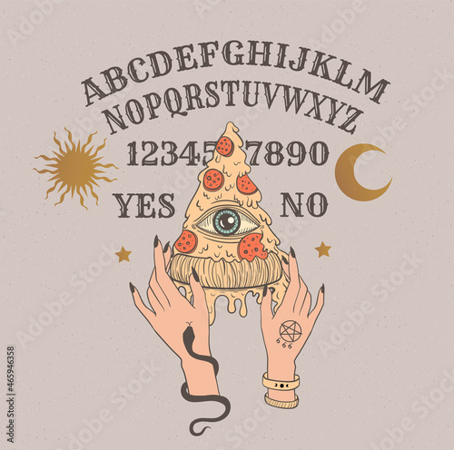 Ouija board with pizza, magic funny vector illustration