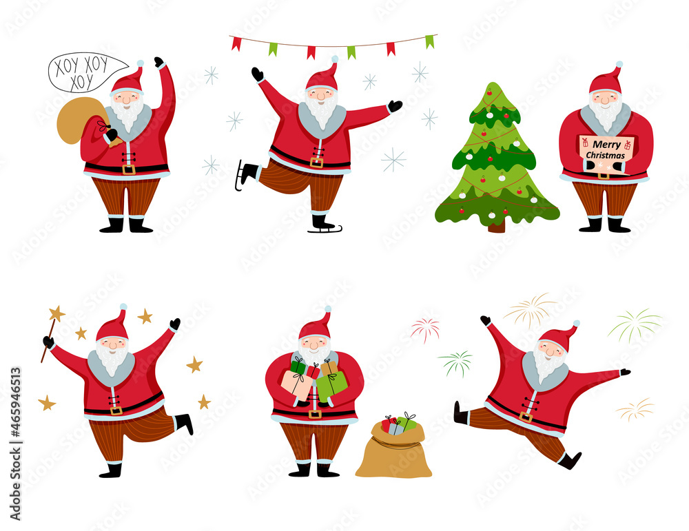 Fototapeta premium Set of cartoon Christmas illustrations isolated on white. Funny happy Santa Claus character with gift, bag with presents, waving and greeting. For Christmas cards, banners, tags and labels.