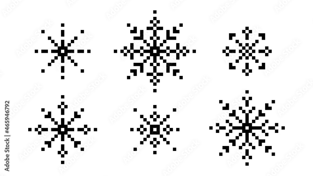 Pixel snowflakes with tracery. Decoration of black ice floes with geometric abstract patterns. Symbol of christmas holiday and 8bit vector game