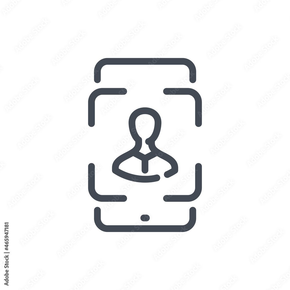 Mobile phone with face identification line icon. Biometric scan smartphone and face scanning frame vector outline sign. Mobile phone with face identification line icon. Biometric scan smartphone and face scanning frame vector outline sign.