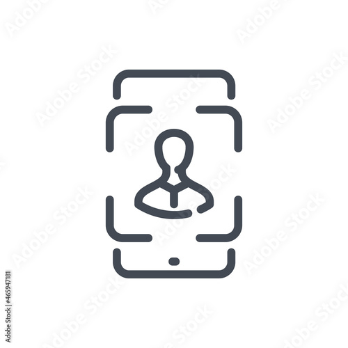 Mobile phone with face identification line icon. Biometric scan smartphone and face scanning frame vector outline sign.