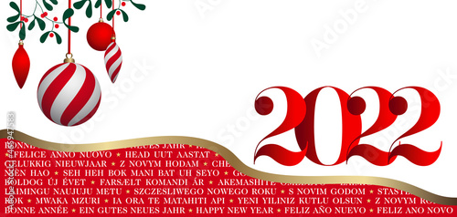 2022 - Carte de vœux multilingue, pour le nouvel an, rouge et blanche, décorée de gui et de boules de Noël - traduction : bonne année.