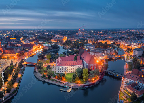 Aerial view of Wyspa Piasek (or Sand Island) in the Odra river at dusk, Wroclaw, Poland