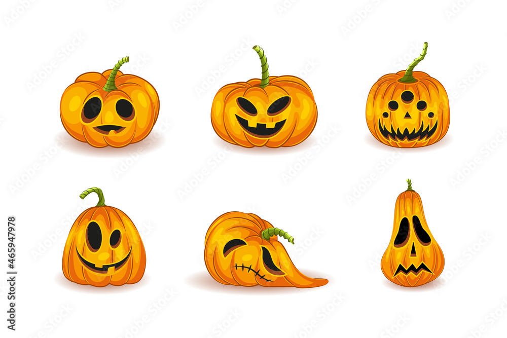 Set Of The main symbol of Happy Halloween holiday with different emotions. Orange unusual funny pumpkins with a smile for your design for the holiday Halloween on white background. Vector illustration Set Of The main symbol of Happy Halloween holiday with different emotions. Orange unusual funny pumpkins with a smile for your design for the holiday Halloween on white background. Vector illustration