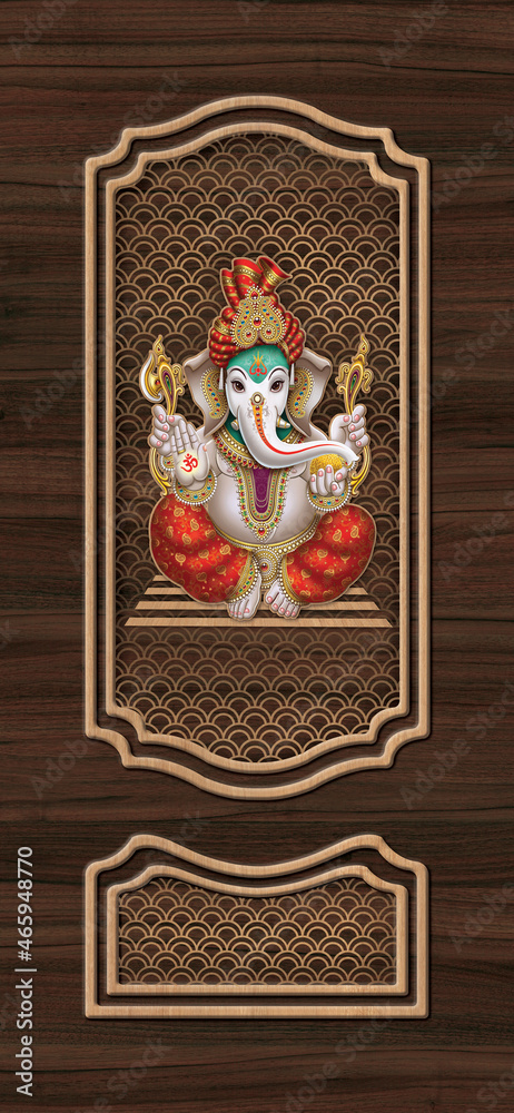 Lord Ganesha 3D Door design background, Laminate Wooden High quality  rendering decorative wallpaper illustration, Emboss interior design. Stock  Illustration | Adobe Stock