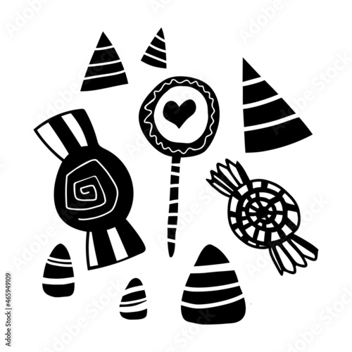 Black doodle Halloween vector design with cute candy. Illustration for kids, celebration, web, print, etc. 