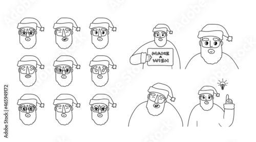 Set of black white contour Santa Claus emotions, avatars. Hand drawn vector illustrations isolated on white background. New idea, board with text, laughter, laugh concepts