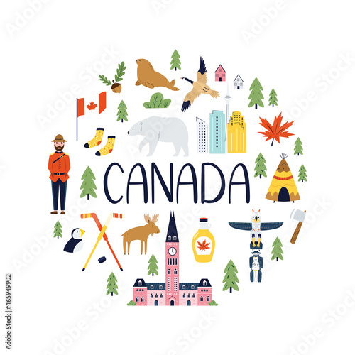 Poster in a modern flat style with famous symbols and landmarks of Canada