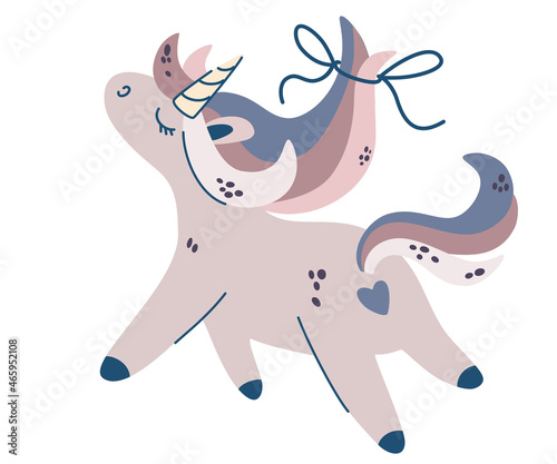 Cute unicorn. Beautiful mane with a bow. Animal fairy cartoon character girly. Perfect for invitations, children books, fashion, banner. Vector illustration.