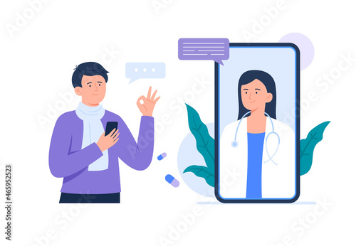 A sick man on online consultation with a doctor. Video call with doctor. Online medical services, consultation and telemedicine concept. Vector flat illustration.