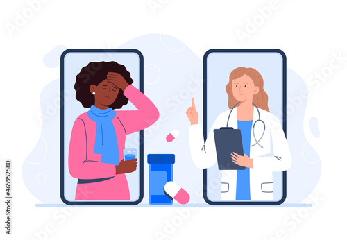 A sick woman on online consultation with a doctor. Video call with doctor. Online medical services, consultation and telemedicine concept. Vector flat illustration.