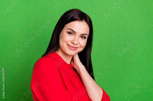 Profile side view portrait of attractive cheery lady posing good mood enjoying isolated over bright green color background