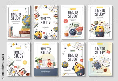 Set of flyers with study supplies for Studying, education, learning, back to school, student, stationery. A4 vector illustration for poster, banner, flyer, advertising. photo