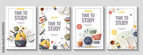 Set of flyers with study supplies for Studying, education, learning, back to school, student, stationery. A4 vector illustration for poster, banner, flyer, advertising.