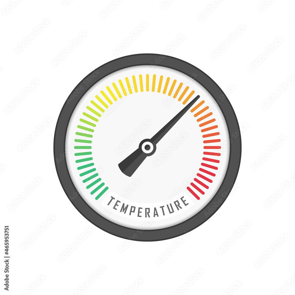 Round temperature gauge, isolated on white background. Colored measuring semicircle scale in flat style. Template of circle barometer or indicator. Vector illustration EPS 10. Round temperature gauge, isolated on white background. Colored measuring semicircle scale in flat style. Template of circle barometer or indicator. Vector illustration EPS 10.