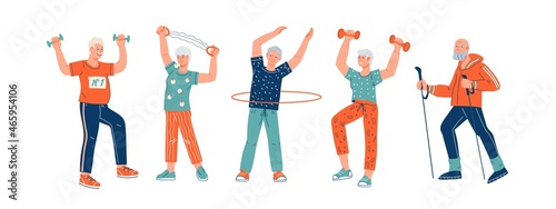 Elderly senior people group exercise. Old men and women doing sport workout. Physical  activity and health care for elderly senior people, flat cartoon vector illustration isolated.