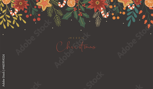 Merry Christmas background with floral foliage decorations