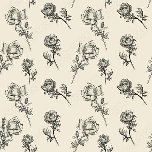 seamless pattern with pencil drawn flowers, black and white roses