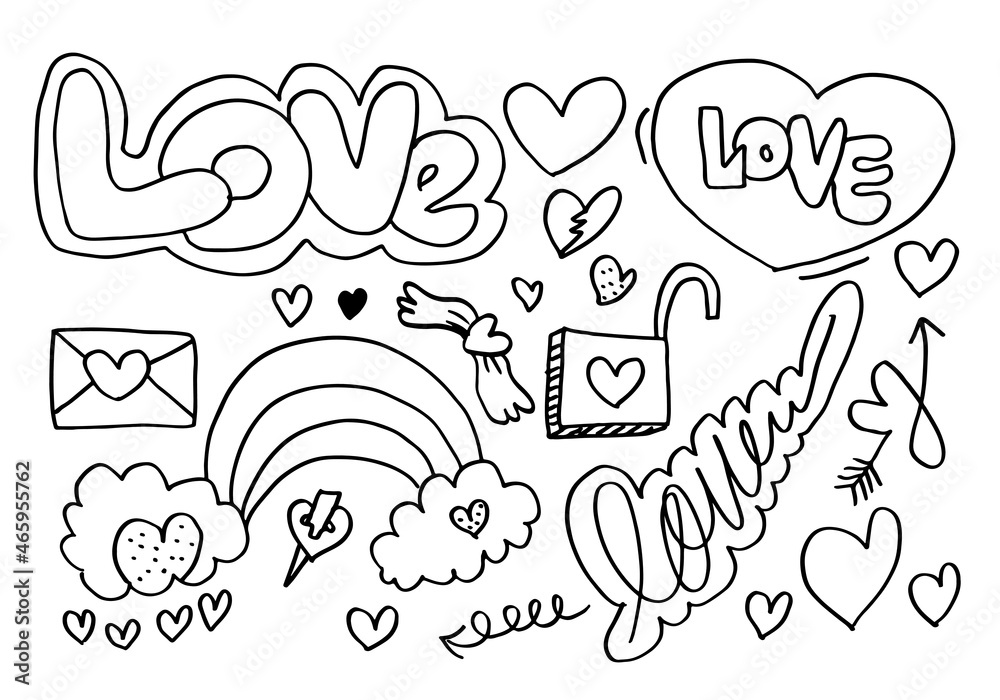 hand drawn doodles set for Valentine's Day. collection of beautiful hearts and writings Love. Vector illustration.