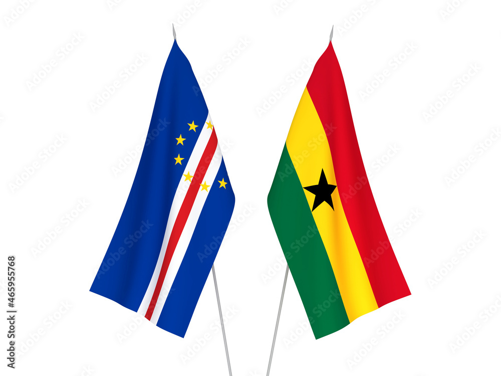 National fabric flags of Ghana and Republic of Cabo Verde isolated on white background. 3d rendering illustration.