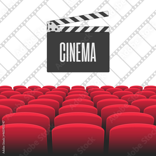 Interior of cinema movie theatre with movie clapper board. Rows of red cinema or theater seats on dark background. Premiere event template. Vector illustration EPS 10.