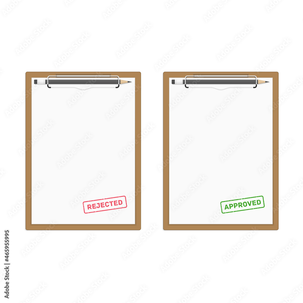 Realistic brown clipboard with a few sheets of paper, pencils and rejected approved stamps. Templates of corporate identity. Vector illustration EPS 10. Realistic brown clipboard with a few sheets of paper, pencils and rejected approved stamps. Templates of corporate identity. Vector illustration EPS 10.