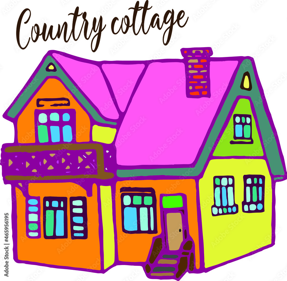 Naklejka premium Vector hand drawn doodle house, cozy home, building, cottage, vector lettering, doodle house, two floors building