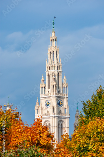 Photography Vienna City Hall tower in autumn, Austria