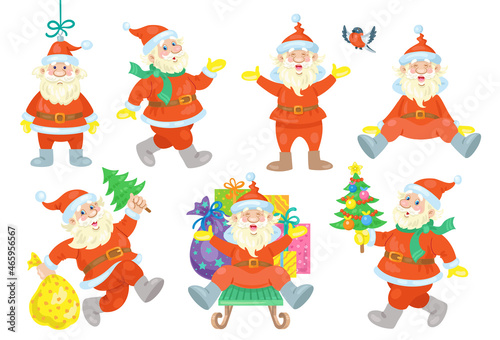Collection of happy Santa Clauses  in different poses and emotions. In a cartoon style. Isolated on white background. Vector flat illustration.