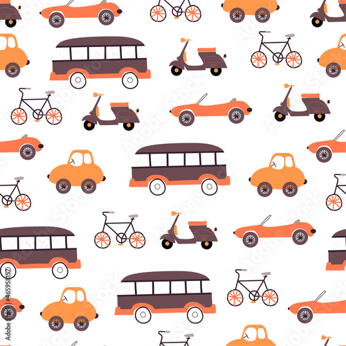 Hand drawn cars seamless pattern. Childish print. Doodle vector illustration. 