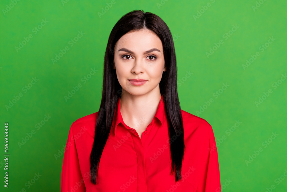 Fototapeta premium Photo of nice brunette millennial lady wear red shirt isolated on green color background