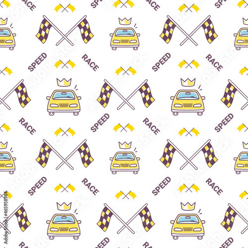 Vector auto sport illustration of winner car and race flag on white background. Line art style design of car seamless pattern