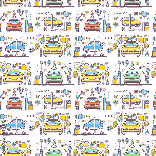 Vector illustration of car repair and maintenance on white background. Line art style design of car seamless pattern