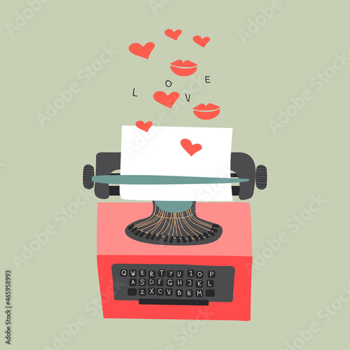 Flat Vector Illustration With Typewriter, Hearts, Lips And Text “Love”. Cute Hand Drawn Image.