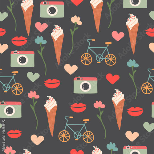Photography Vector seamless pattern with cute objects: ice cream, camera, flowers, bicycle, hearts and lips