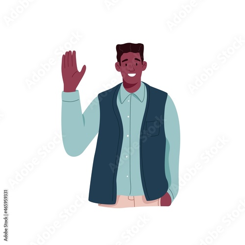 Happy black man gesturing hi with waving hand, greeting and welcoming smb. Portrait of young smiling friendly person saying hello. Flat vector illustration isolated on white background