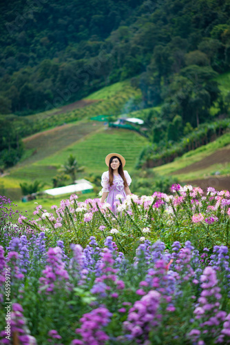 Asian tourist woman is enjoy traveling at flower field in Chiangmai, Thailand.