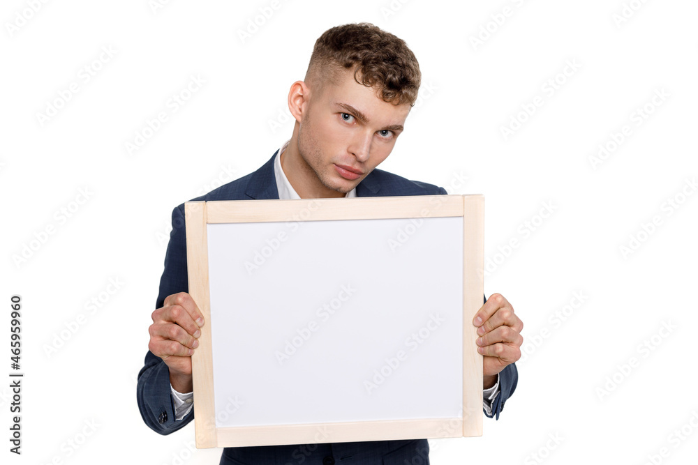 Young businessman is showing the word. Your text here