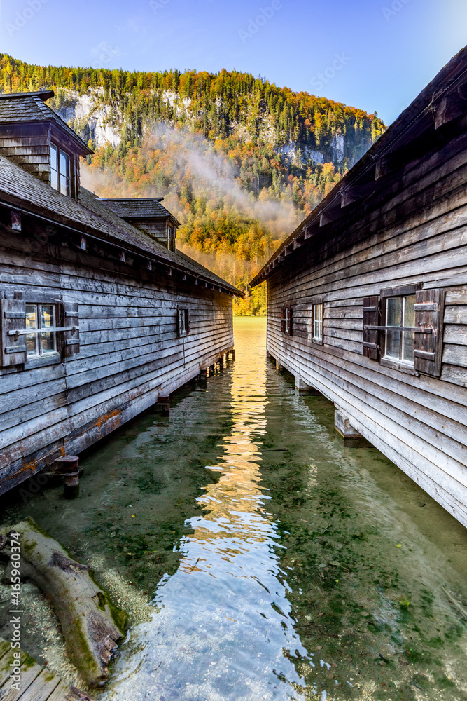 Boat houses at the Königssee in Schönau in Berchtesgadener Land, Bavaria, Germany.
