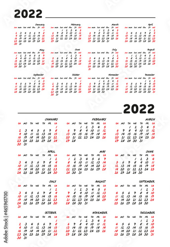 Calendar grids for calendars for 2022. Different design of blocks on a white background