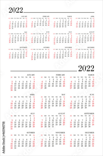 Calendar grids for calendars for 2022. Different design of blocks on a white background
