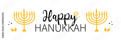Happy Hanukkah wide horizontal greeting card, banner, vector illustration with menorah, david stars and dreidels.