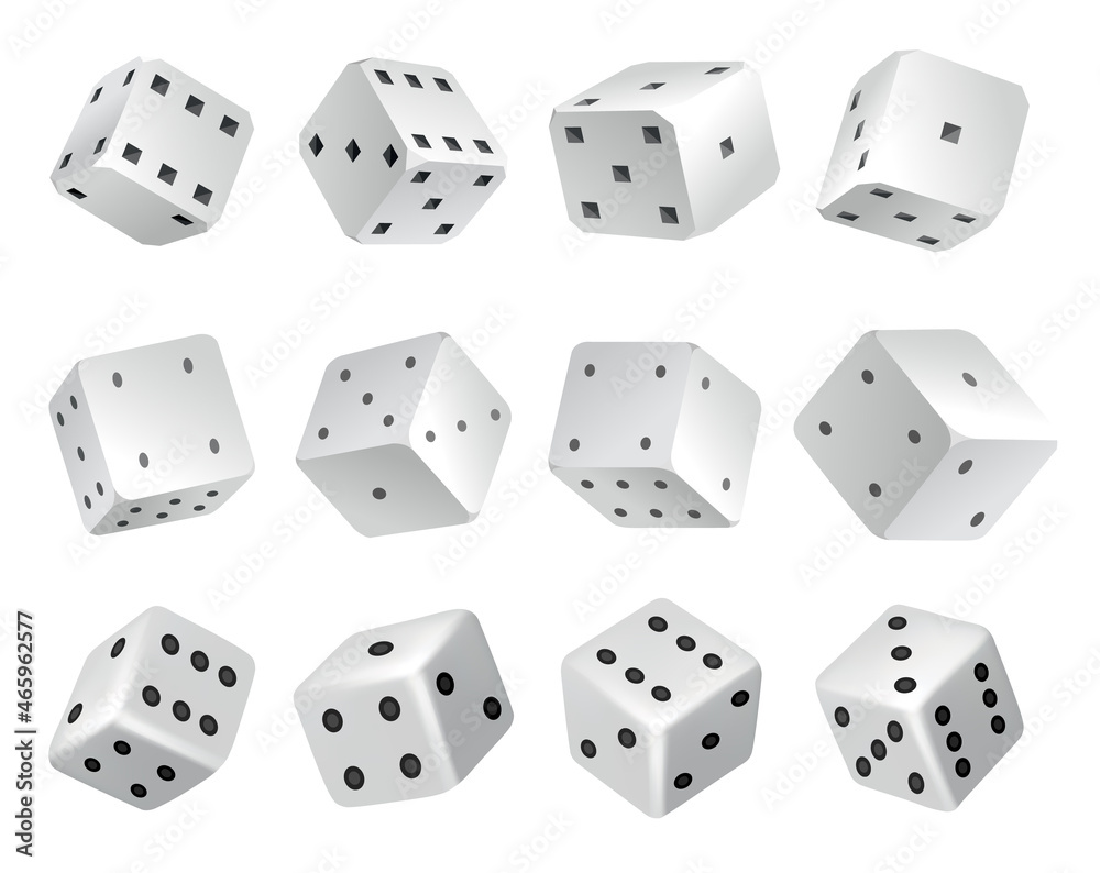 Set of dices - realistic white cubes with random numbers of black dots or pips and rounded edges. Vector game cubes isolated. Isolated 3d objects for hobbies Set of dices - realistic white cubes with random numbers of black dots or pips and rounded edges. Vector game cubes isolated. Isolated 3d objects for hobbies
