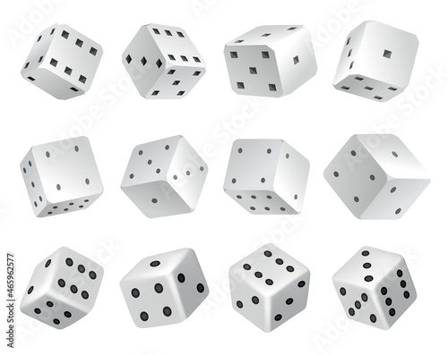 Set of dices - realistic white cubes with random numbers of black dots or pips and rounded edges. Vector game cubes isolated. Isolated 3d objects for hobbies