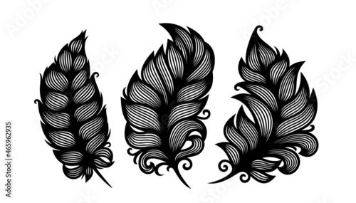 Set of three bird feather silhouettes. Black isolated object on white background.  Coloring book, tattoo, icon or print. Beautiful decorative element for laser cutting. Vector illustration.