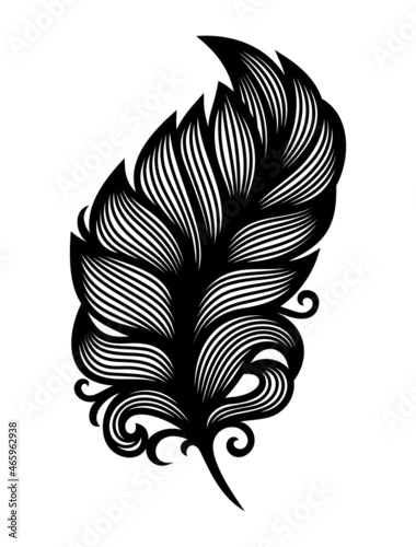 Silhouette of a detailed bird feather. Beautiful black decorative element isolated on white background.  Coloring book, tattoo or print. The theme of nature, plants, leaves.  Vector illustration.