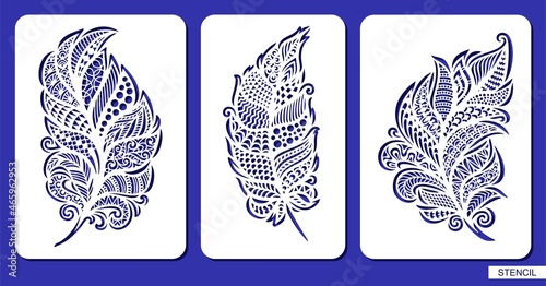 Set of feather stencils. Decorative stylized leaf, quill. Openwork ornament of curls, beautiful folk motives, ethnic patterns, indian style. Template for plotter laser cutting of paper. Vector image.