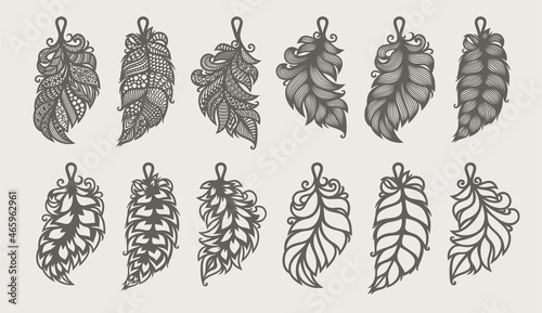 Set of pendants in the shape of leaf, feather. Beautiful hanging decoration, ornaments with lace pattern. Vector template for cnc, plotter laser cutting of jewelry, key chains, accessories, bijouterie