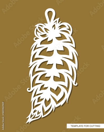 Hanging decoration - feather pendant. Carved decorative element in the shape of a leaf for costume jewelry. Template for plotter laser cutting of paper, wood, metal engraving, cnc. Vector illustration