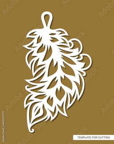 Hanging decoration - feather pendant. Carved decorative element in the shape of a leaf for costume jewelry. Template for plotter laser cutting of paper, wood, metal engraving, cnc. Vector illustration